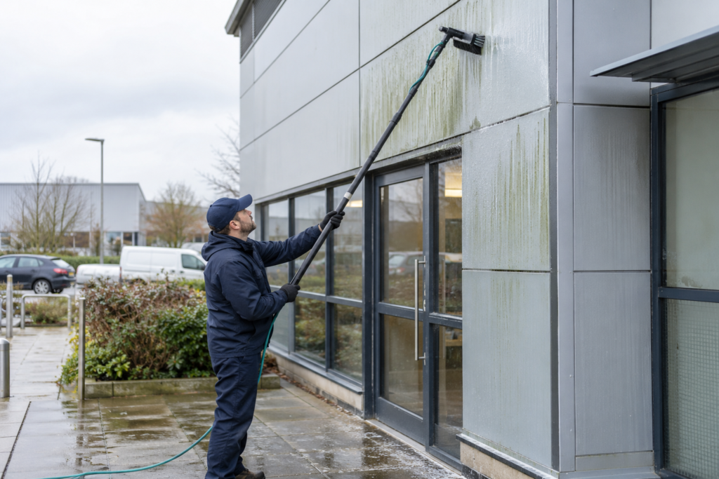 Professional Cladding Cleaning Services in West London 2 Safe aluminium cladding cleaning using a water fed pole