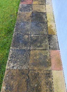 Tiled garden path before cleaning